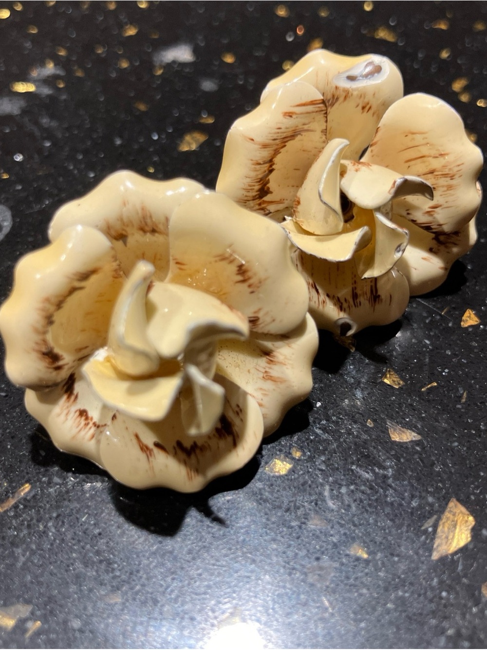 Vintage Cream Floral/ rose Clip-On Earrings with Brown Accents